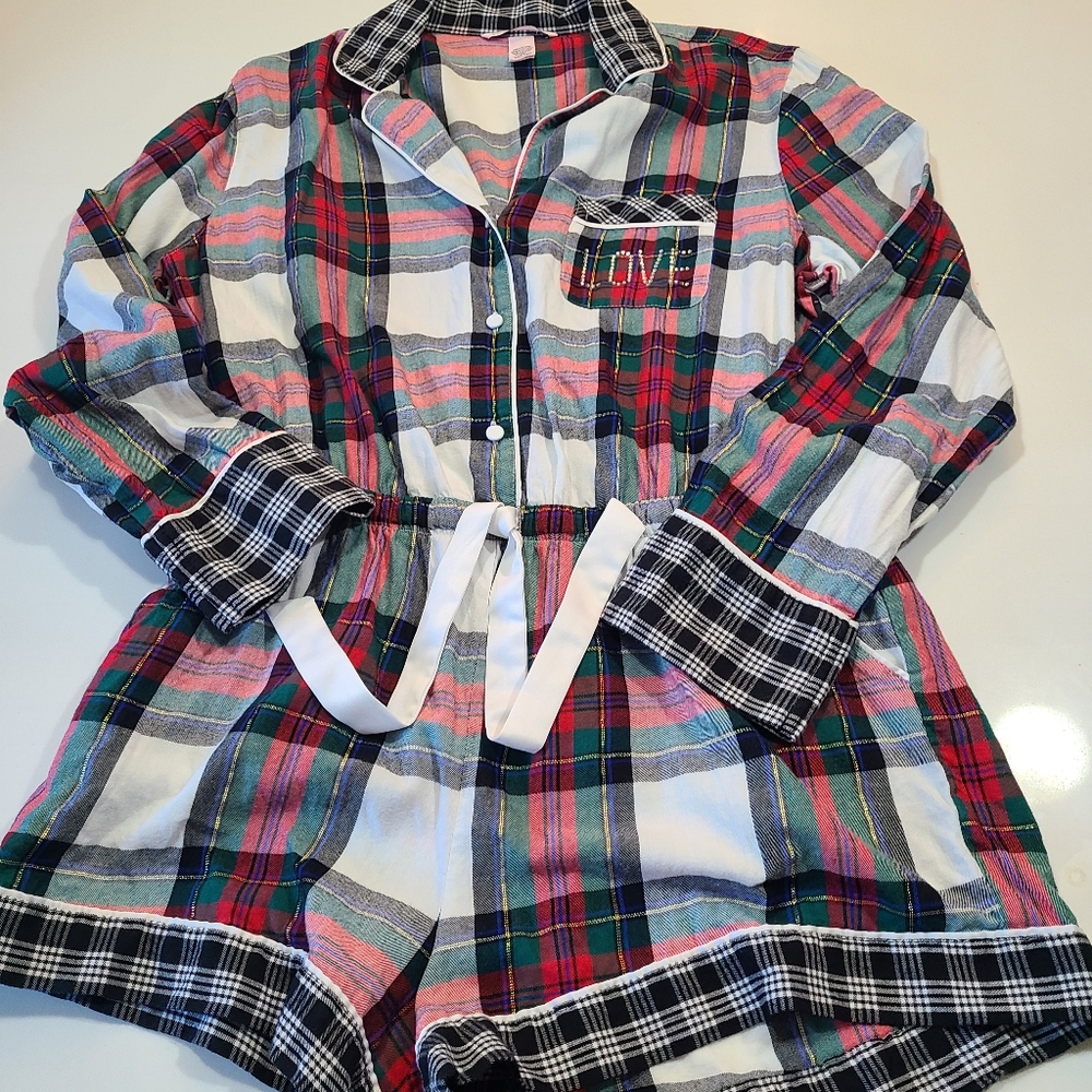 Victoria's Secret Red and Green Plaid One Piece Cozy Flannel Pajamas in Medium